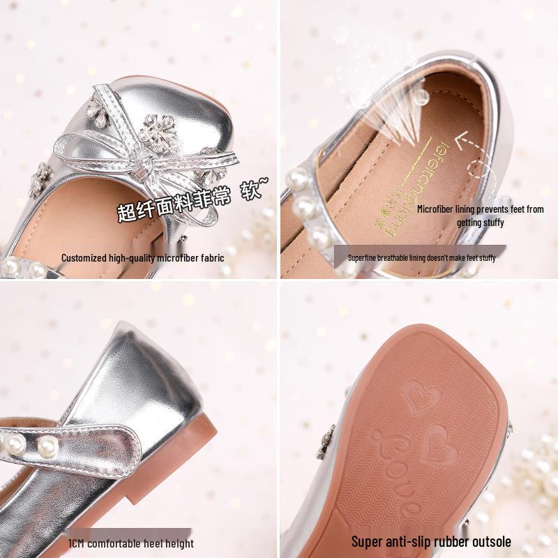 2026 New Girls' Leather Shoes, Korean Style with Soft Sole and Bow, Perfect for Princess and Performance Wear.
