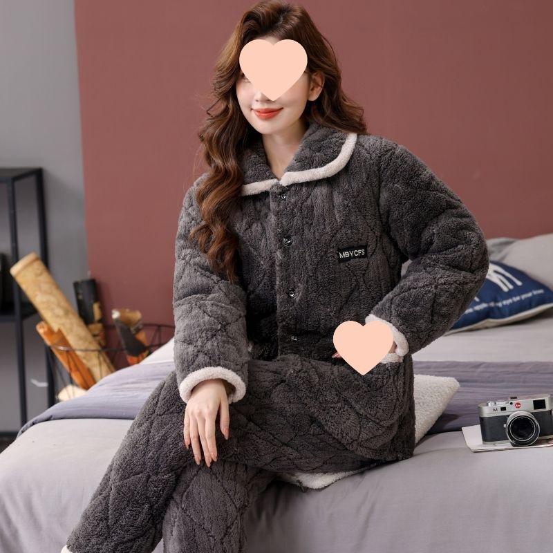 Pajamas women's winter warm winter fleece thickened coral fleece three layers of cotton autumn and winter women's loungewear
