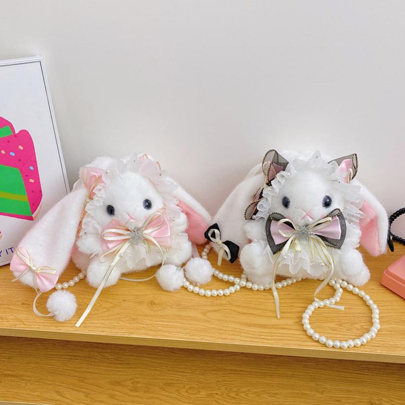 New Cute Bunny Plush Bag Lolita Element Shoulder Bag Kawaii Princess Sweet Pearl Chain Crossbody Bags Long-Eared Rabbit Purse