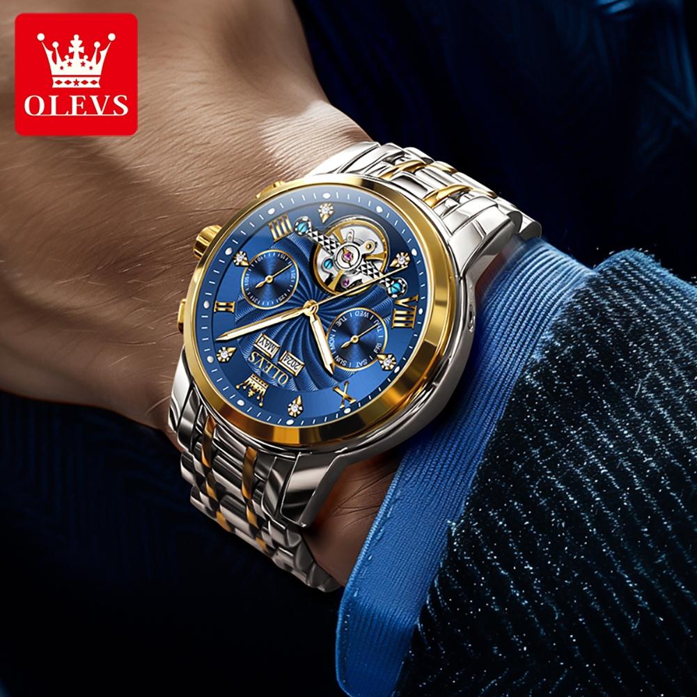 OLEVS Men's Watches Luxury Fashion Fine Steel Original Automatic Mechanical Watch for Man Flywheel Movement Calendar Waterproof