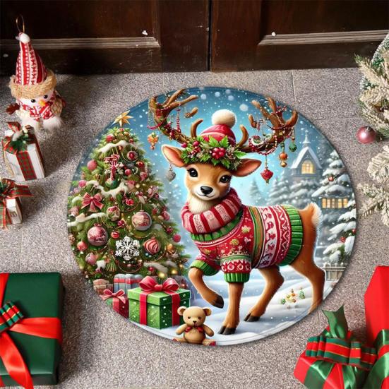 Christmas Floor Mat Round Santa Claus Xmas Area Rug Anti-Slip Absorbent Gingerbread Man Carpet for Festive Home Entrance Living Room Decor
