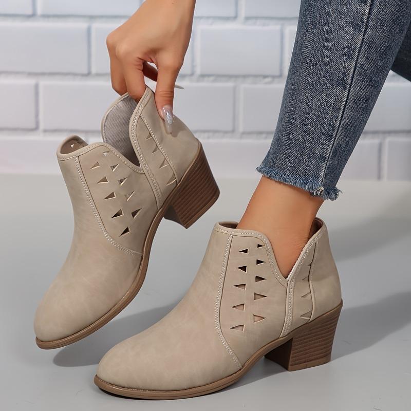 Women's Slip-On Chunky Mid-Heel Ankle Boots with Breathable Cut-Out Design - Round Toe Casual Faux Cover Booties, Fabric Lined
