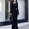 2025 Autumn/Winter Elegant Velvet Fishtail Dress with Pleated Swing Collar and Long Sleeves