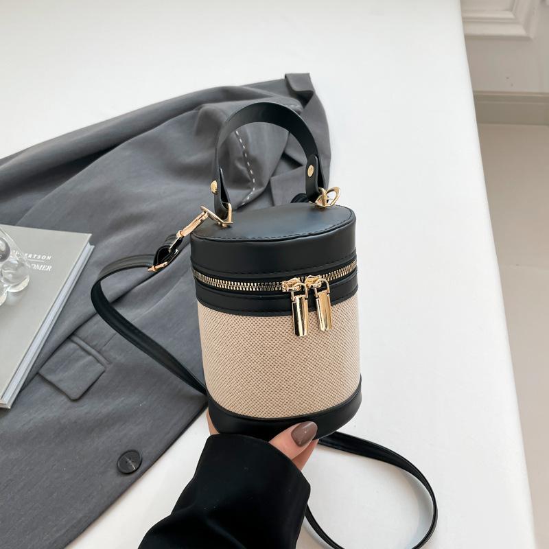 2025 New Korean High-end Cylinder Bucket Bag Splicing Contrasting Color Messenger Bag Women's Ins Versatile Shoulder Bag