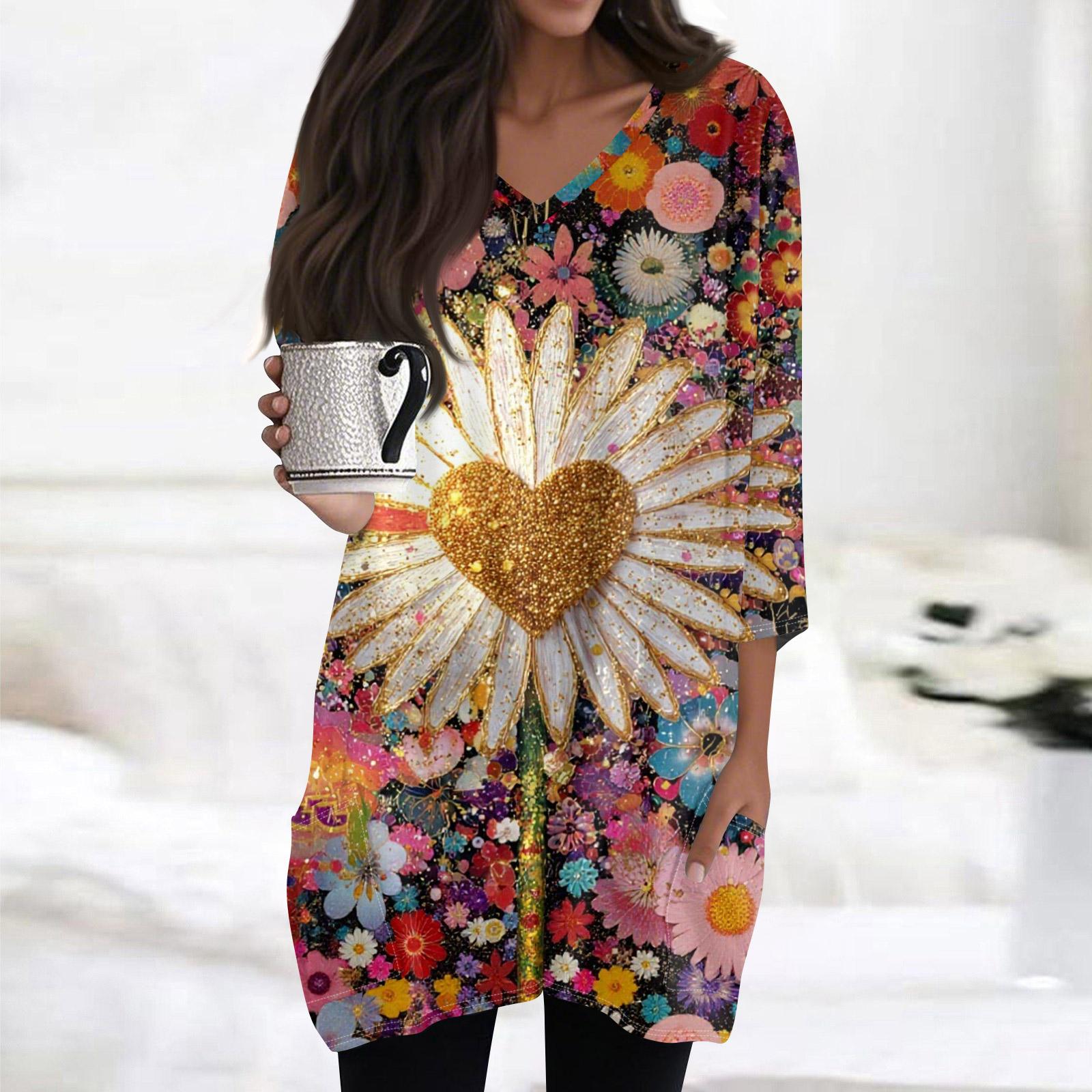 

Women s Fashionable V,neck Pocket Valentine s Day Print 3/4 Sleeve Top L