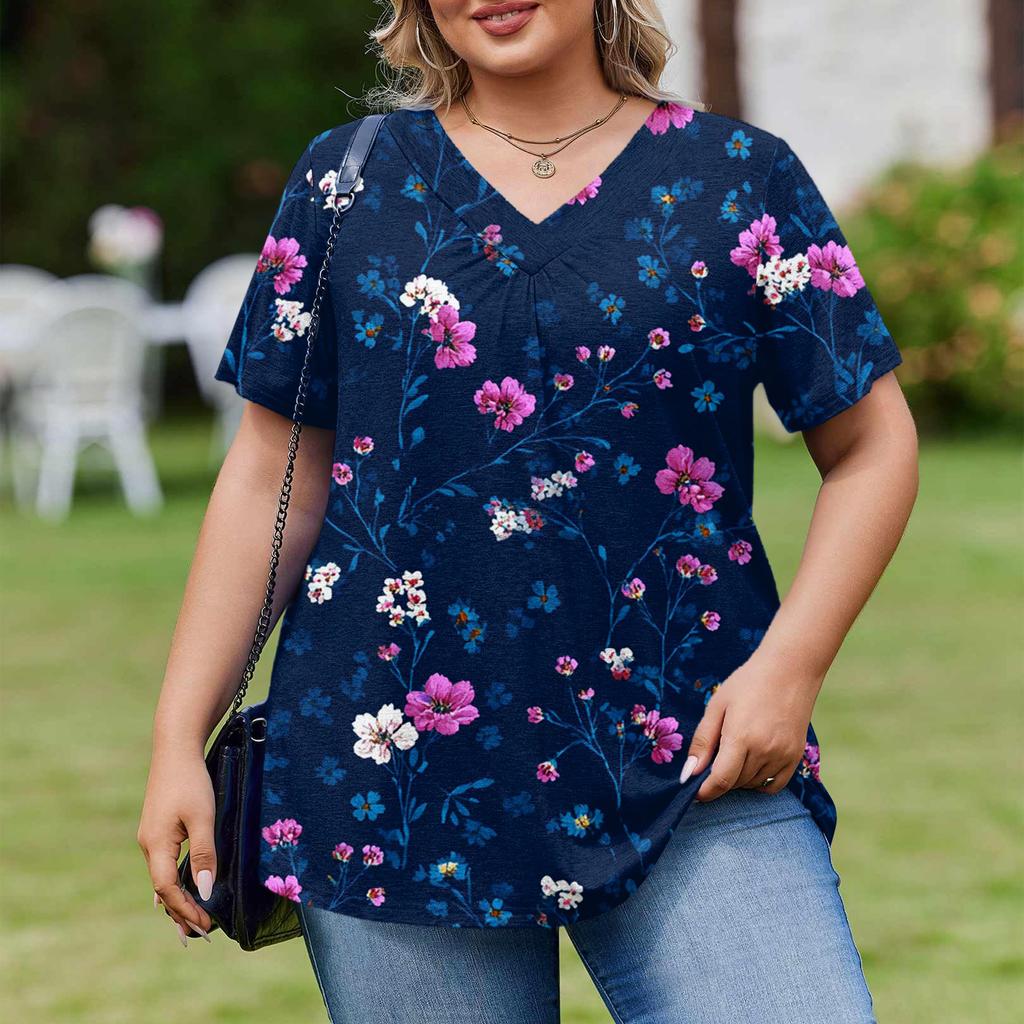 Damska Modna Codzienna Luźna Bluzka Plus Size z Krótkim Rękawem Elegancka z Dekoltem V Do Pracy