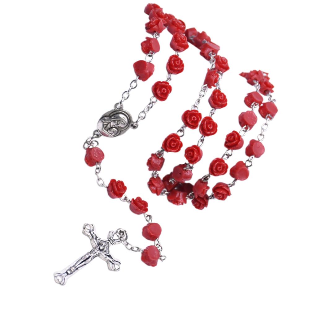 Elegant Rose Flower Beads Rosary Necklace with Detailed Crosses Pendant for Prayer Religious Neckchain and Everyday Wear