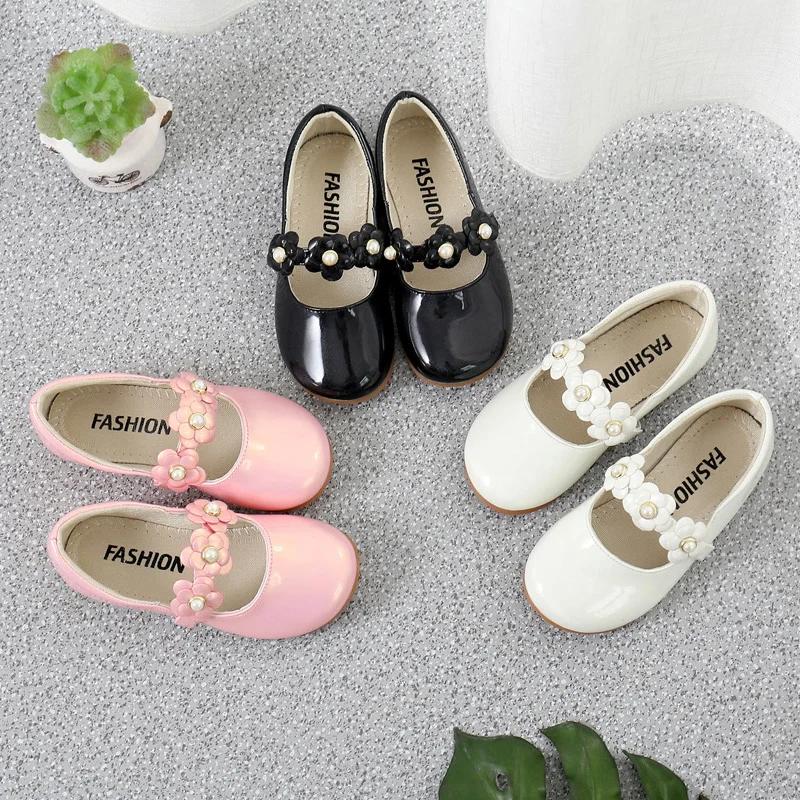 Girls Leather Shoes Floral Kids Flats with Flowers Princess Sweet Soft High Quality Children Dress Shoes for Wedding Party 26-36