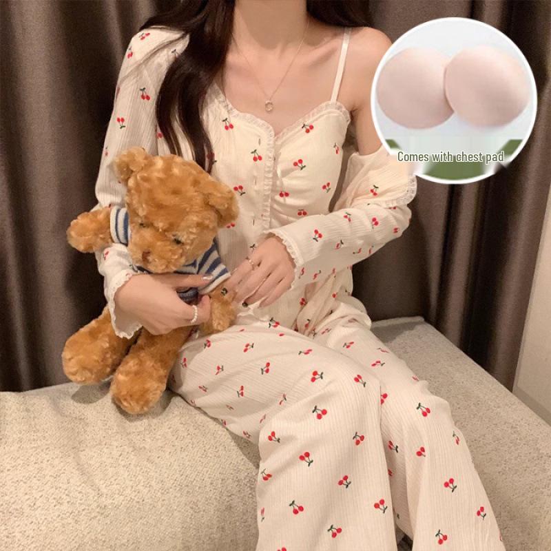 Hot-Selling 2024 Women's Long Sleeve Floral Pajama Set - Sexy Spring & Autumn Three-Piece with Chest Pads