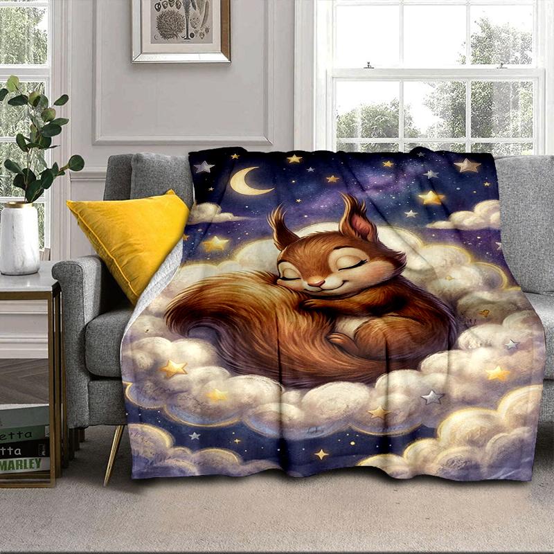 Squirrel Dreams Under Moonlight Blanket Flannel Blanket for Bed, Sofa, Camping, Hiking, Picnic Essentials, Gift for Family Fan Gifts