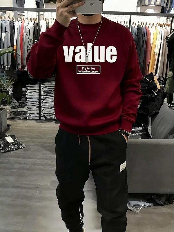 Men s Trendy Letter Print Round Neck Hoodie - Casual, Versatile, Plus Velvet 5XL