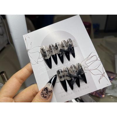 HANDMADE Artificial Nail Dark Ink Smudge Y2K Almond Phototherapy Nails Fake Nails Reusable and Removable Nails