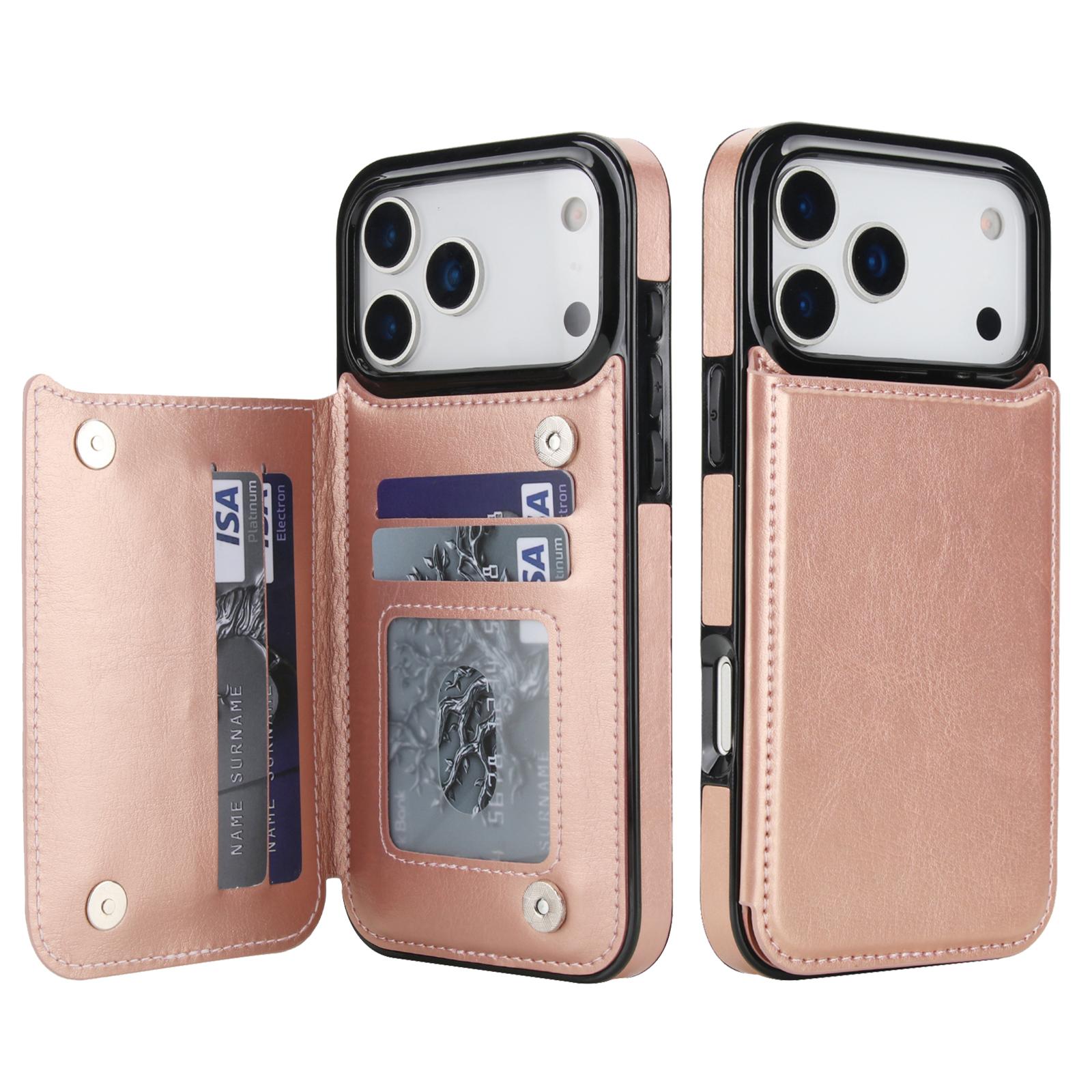 Portefeuille Solide Double Boucle Avec Emplacement Carte Flip Magnétique Étui en Cuir Pour iPhone Air 17 Pro Max Housse de Protection antichoc iPhone 17 Pro Max rose or