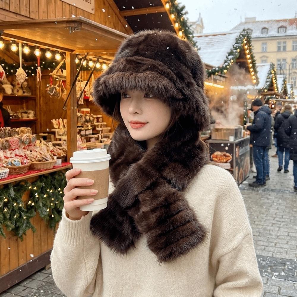 Windproof Winter Hat Scarf Set Thick Fur Snood Scarf Fashion Faux Fur Hat Scarf Set  Skiing Holiday