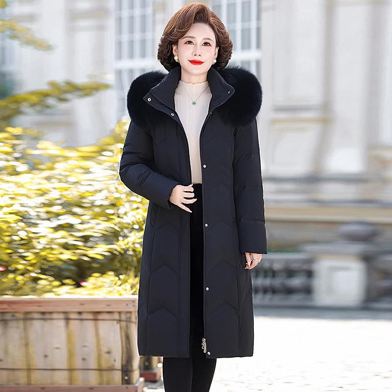 Fox Fur Collar Stylish Women's Down Jacket - Winter Mid-Length Plus Size Outerwear for Middle-Aged and Elderly.