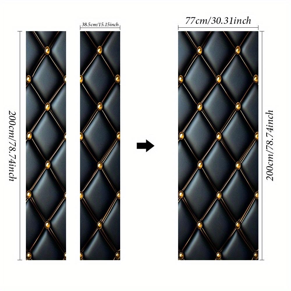 

A Pair of Black Leather Door Decals with Golden Lines, Glossy Door Stickers for Decoration, a Removable Diamond Grid Mural, Text