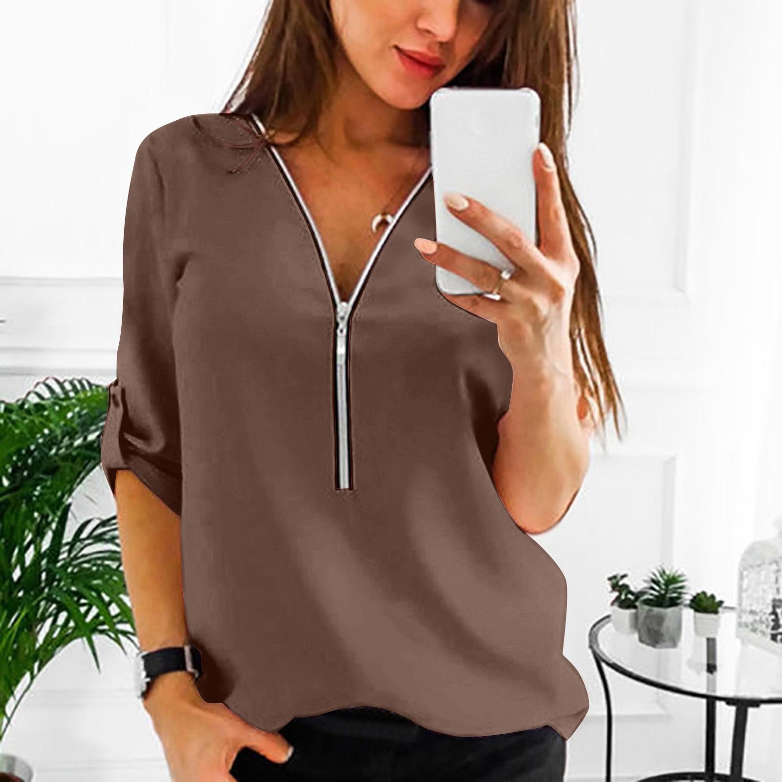 

Женская повседневная однотонная шифоновая рубашка с V-образным вырезом, рукавом семь четвертей и застежкой-молнией XXXXXL кофейный