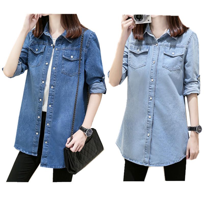 Women's Plus Size Denim Shirt - Long Sleeve, Korean Style, Mid-Length, Loose Fit, Spring/Autumn Casual Jacket