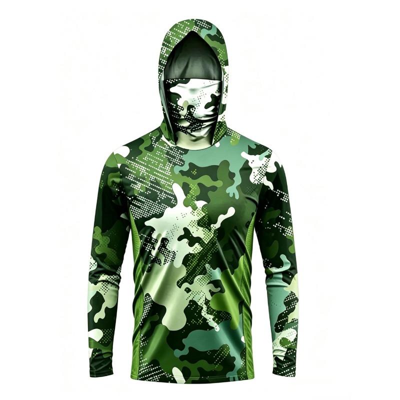 UPF50+ Camo Men Long Sleeve Fishing Hoodie With Face Mask Lightweight Breathable Quick Dry Outdoor Fishing Jersey