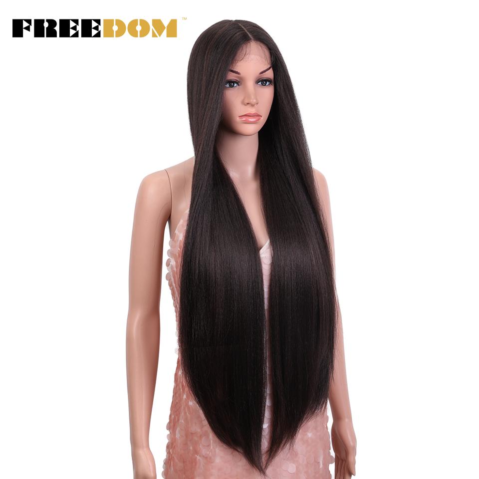 FREEDOM Yaki Straight Synthetische Spitzeperücken für Damen Ombre Braun Handgebundene Spitzeperücke 36 Zoll Mittelscheitel Lang Blau Rosa Cosplay-Perücke