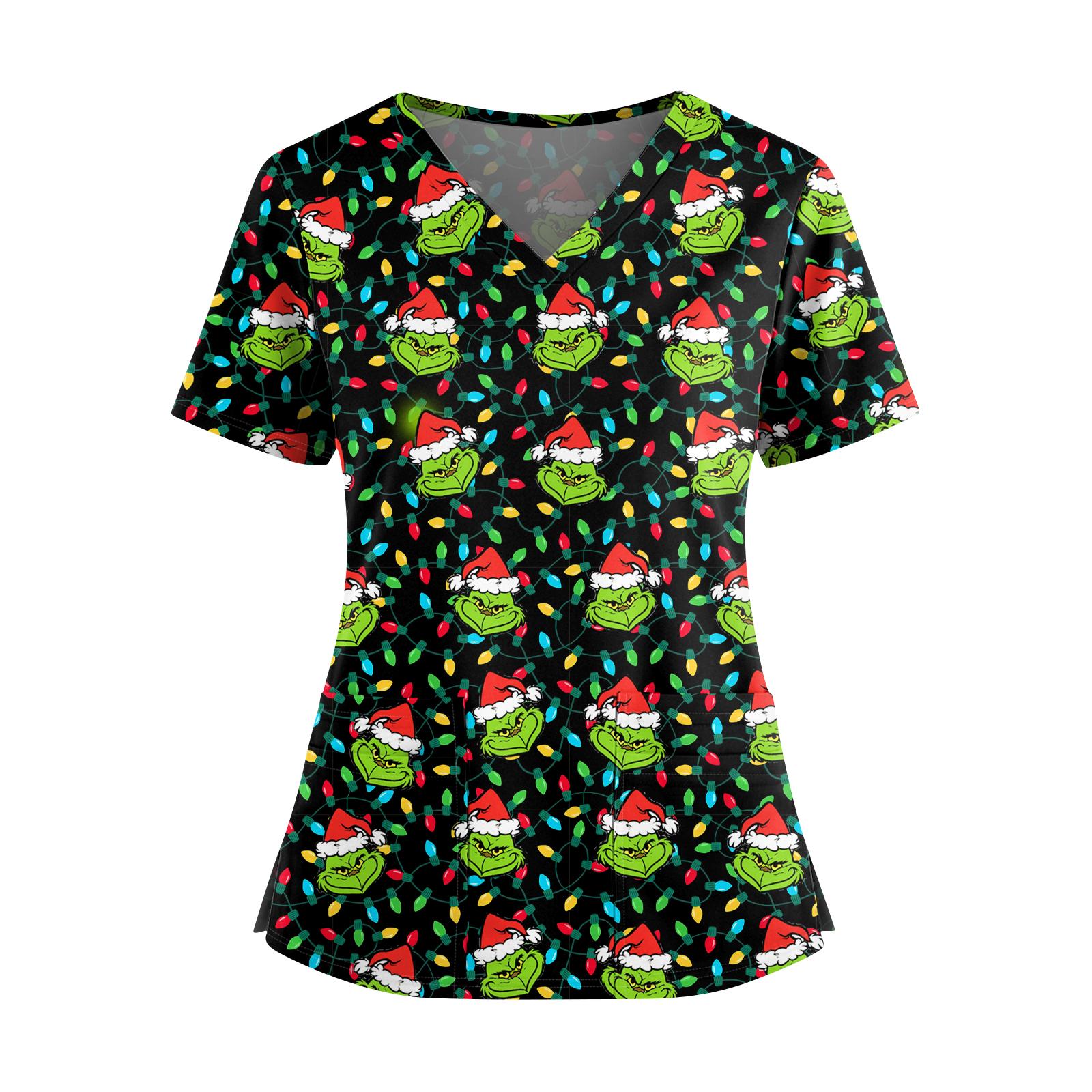

Women s Christmas Print V-Neck Double Pocket Short Sleeve Uniform Top With Slit Hem XXXL чёрный