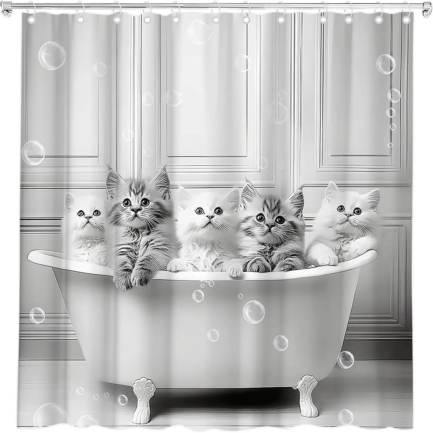 

Funny Cat Shower Curtain Retro Cute Kitten In Bathtub Bubble Shower Curtain Fabric Bathroom Accessories 180X180Cm W60H190(CM)-1 Pcs