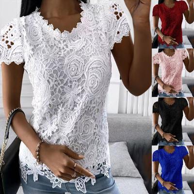 Kadın's Tek Renk Dantel Ekleme Kısa Kollu Yuvarlak Yaka Tops