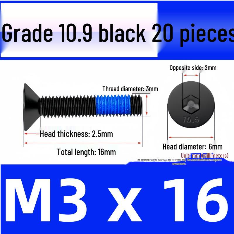 Black Anti-Slip Flat Cup Screw with Adhesive Blue Glue, Countersunk Hexagon Socket, Available in M2-M8 Sizes