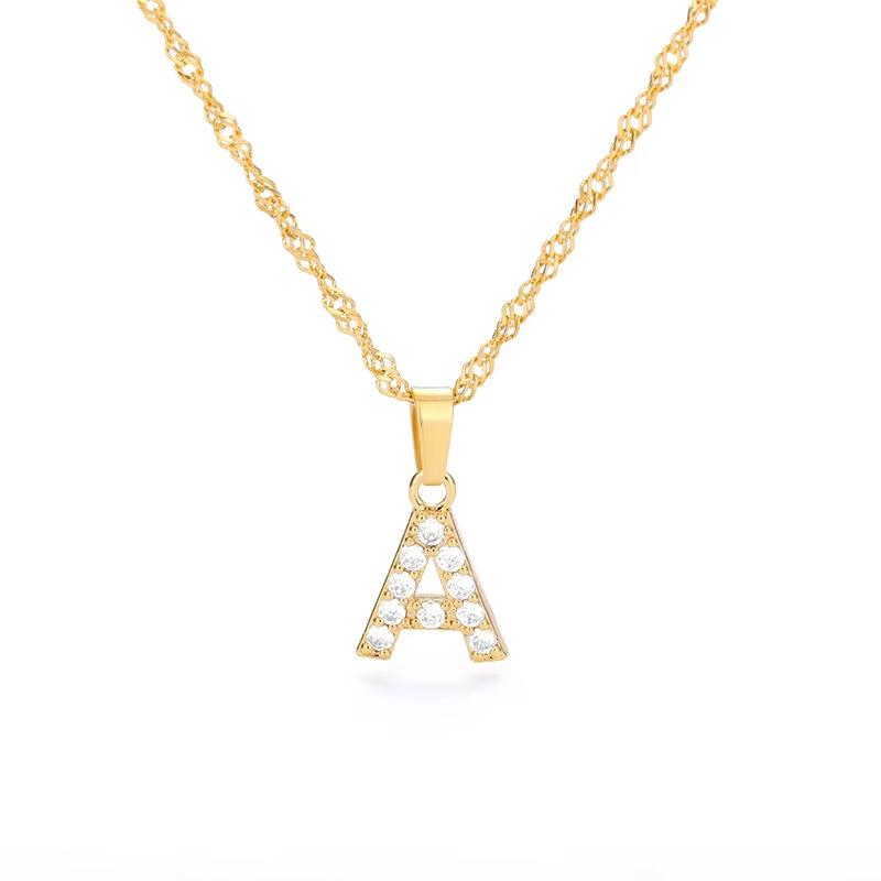 New English letter necklace plated with real gold and slightly inlaid with zircon letter pendant stainless steel chain