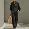 Women's Mandarin Collar Half Sleeve Button Up Shirt and Wide Leg Pants Casual Loungewear Set