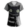 Women's Halloween Print Scrub Top – Short Sleeve V-Neck with Pocket and Side Slits for Professionals