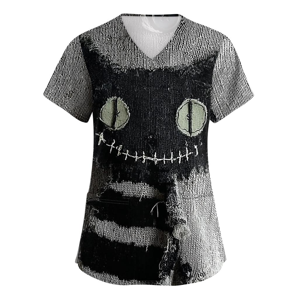 Women's Halloween Print Scrub Top – Short Sleeve V-Neck with Pocket and Side Slits for Professionals