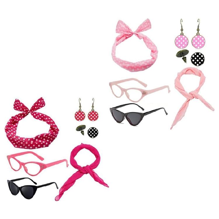 Woman Polkas Dot Earrings Scarf Headband Cats Eye Glasses 50's Costume Accessories Set for Party