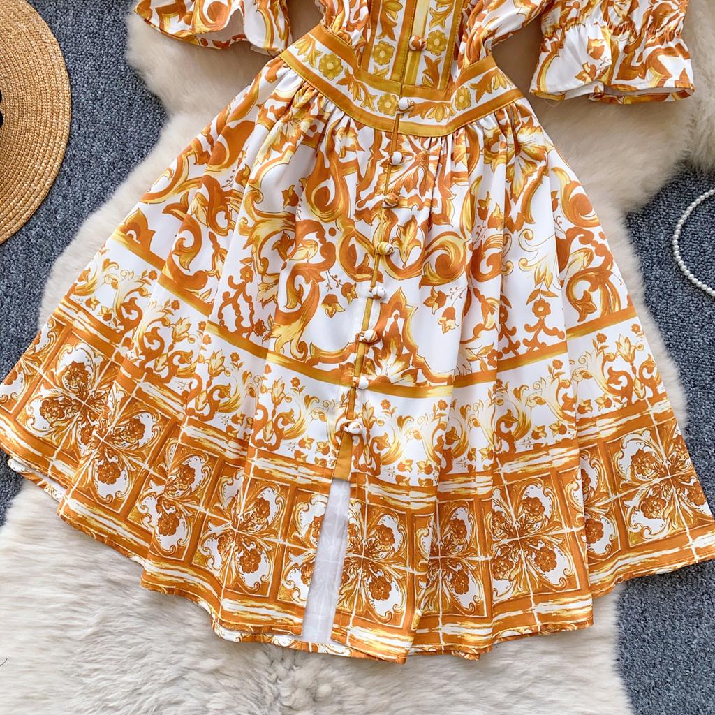 Summer Women Elegant Flare Sleeve Designer Print Runway Dresses V-neck Single Breasted Mini Short Party Dress