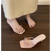 Fashion New Style Popular Comfortable Low Heels Square Head Sandals Sweet Bow Silk Thick Heel Slippers for Ladies Outwear Blue Slides