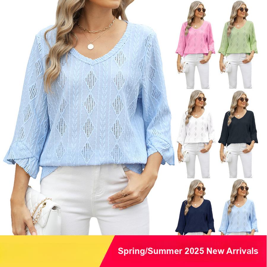 New Summer V-Neck Diamond Lattice Hollow Lace Ruffle Sleeve Loose T-Shirt for Women