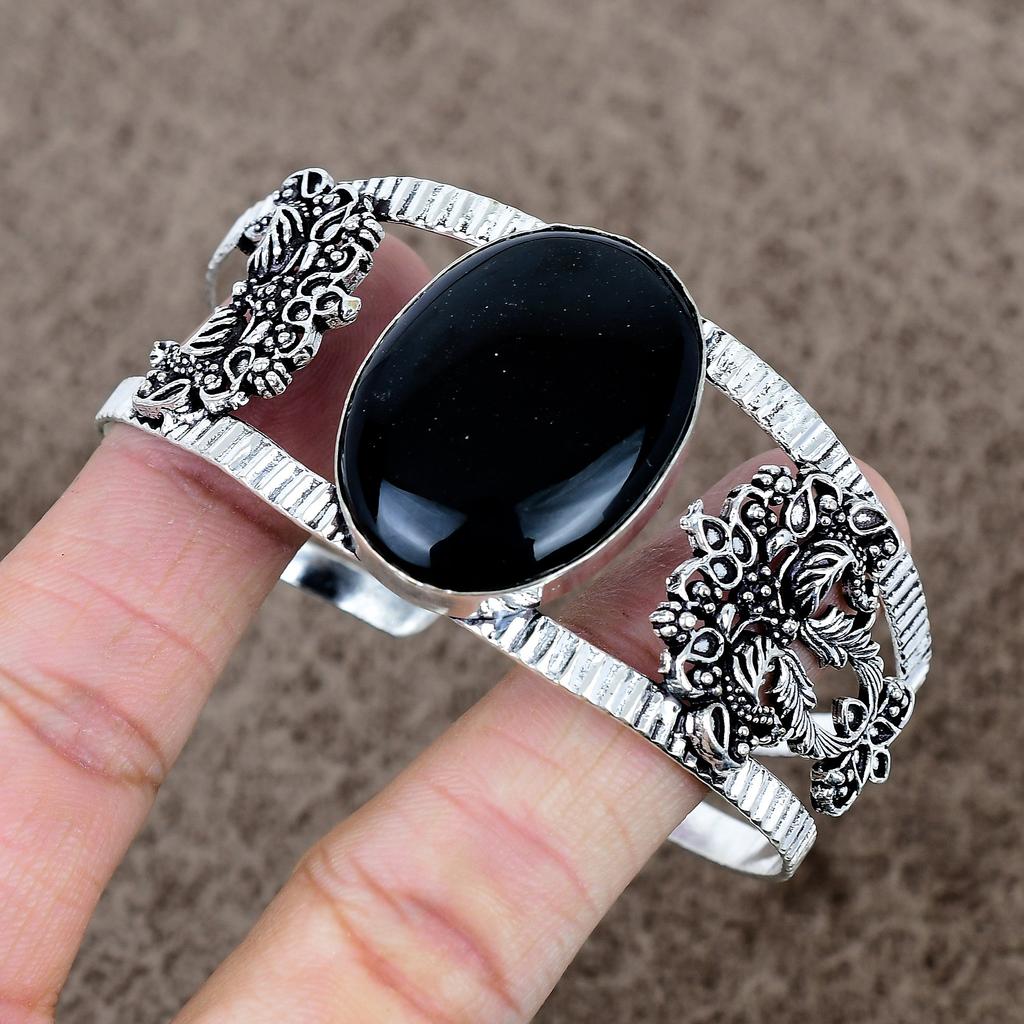 Black Onyx Gemstone Handmade 925 Sterling Silver Cuff Bangle Adjustable KKG-1066