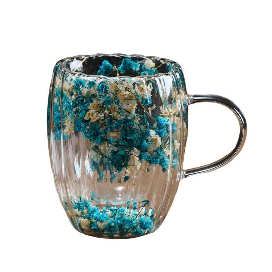 Double-Walled Glass Mug with Dried Flowers 250/350ml Heat Resistant Handle Coffee Cup for Hot Drinks Unique Artistic Glassware