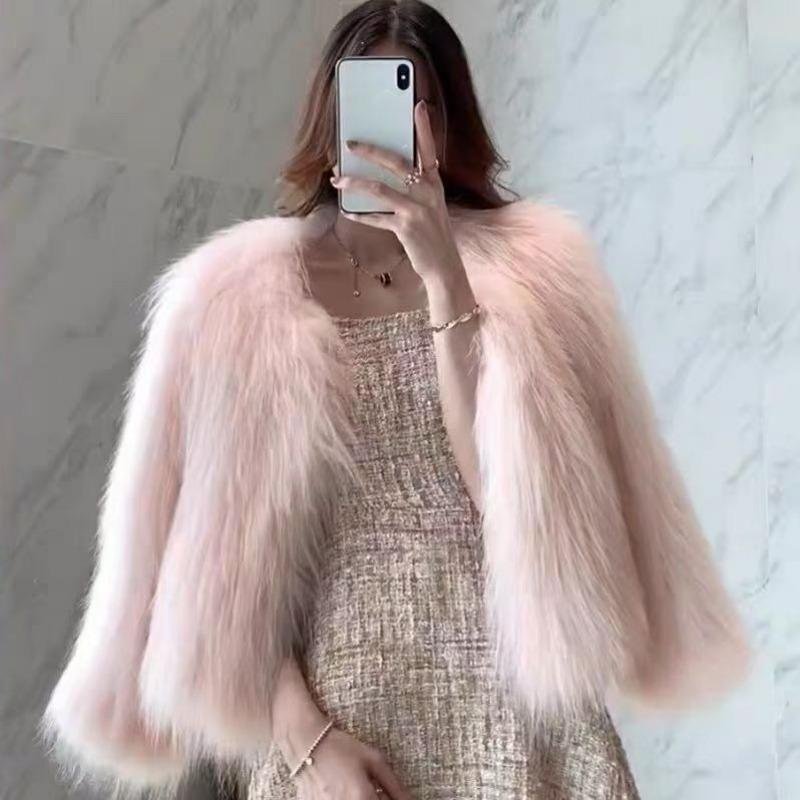 Medium and long collar simple imitation fox fur coat women's autumn and winter toka wool coat