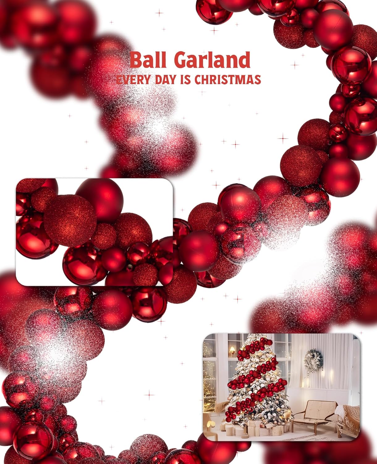 Plastic Garland, Shatterproof 6-Foot Ball Ornament Garland for Christmas Tree, Mantle, Doorframe (Red) cm