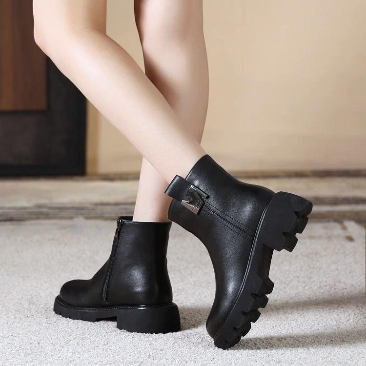 Winter Women Shoes Round Toe Chunky Heel Boots  Leather Shoes for Women Warm Wool Snow Boots Zipper Platform Shoes Wome