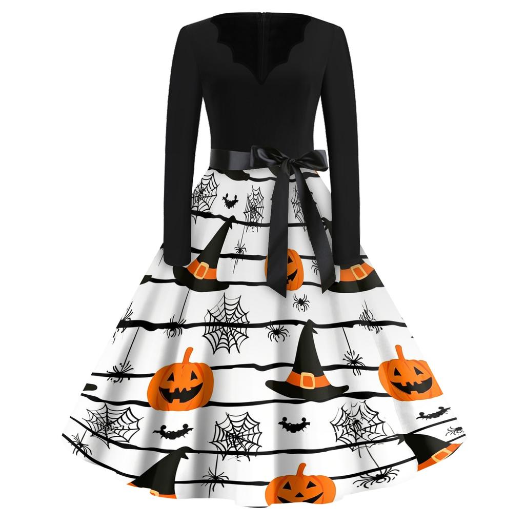 Womens Casual Halloween Print V Neck Vintage Dress Long Sleeve A Line Retro Style Midi Dress with Waist Tie