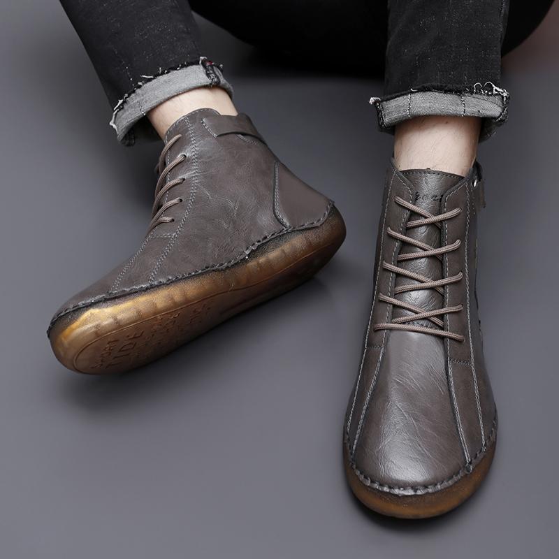 Men Handmade Leather Shoes Casual Hiking Boots Outdoor Black High Top Wide Palm Driving Shoes Large Size