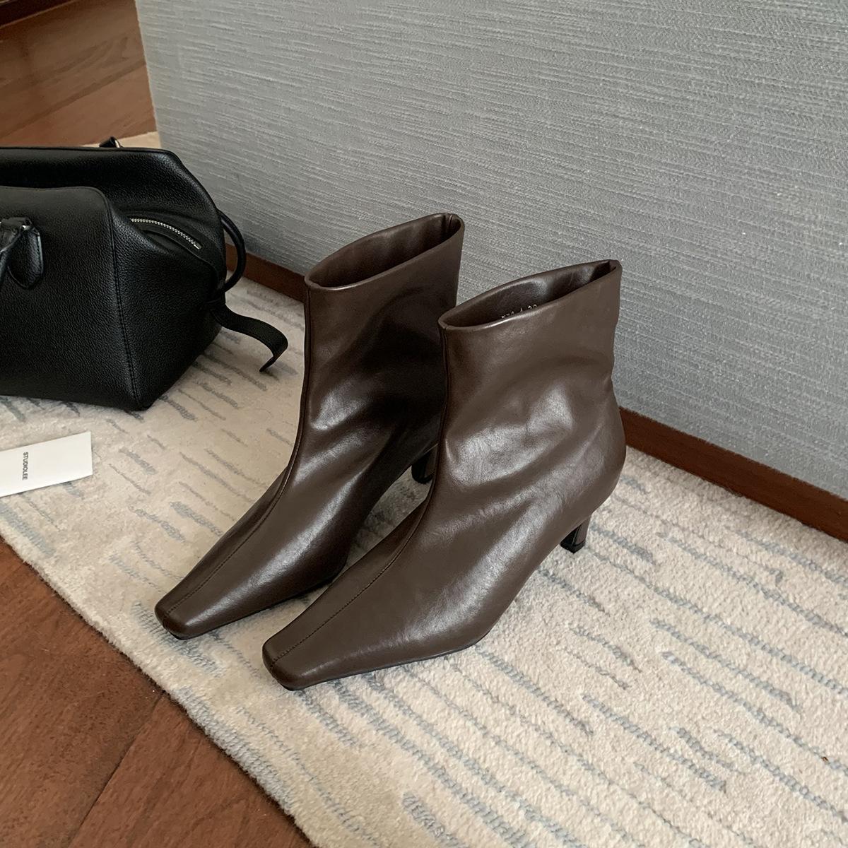 

Cowhide version~ Grape ma same height increase 6.5cm short boots French square head thin heel thin boots women s short ankle boots 35