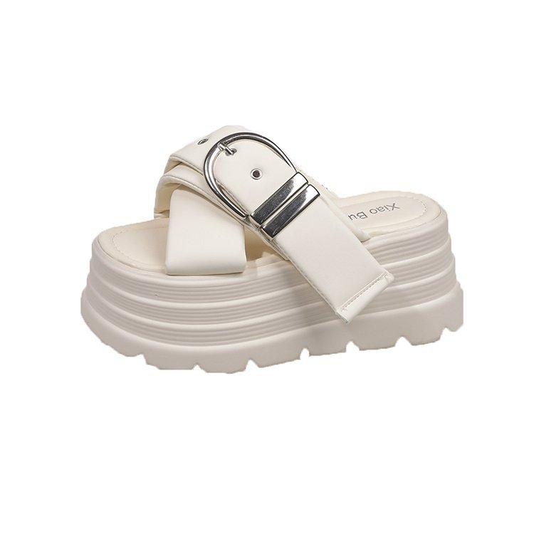 Thick-soled slippers for women to wear 2025 summer soft leather cross-toe stepping on shit sandals casual lazy slippers