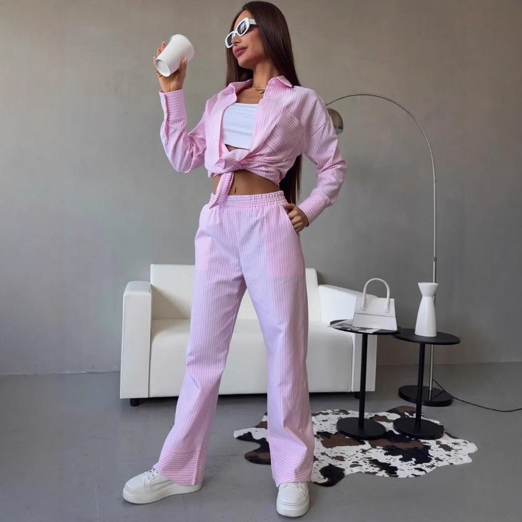Autumn New European and American Women's Clothing Casual Loose Homewear Women's Striped Shirt Wide-leg Trousers Two-piece Set