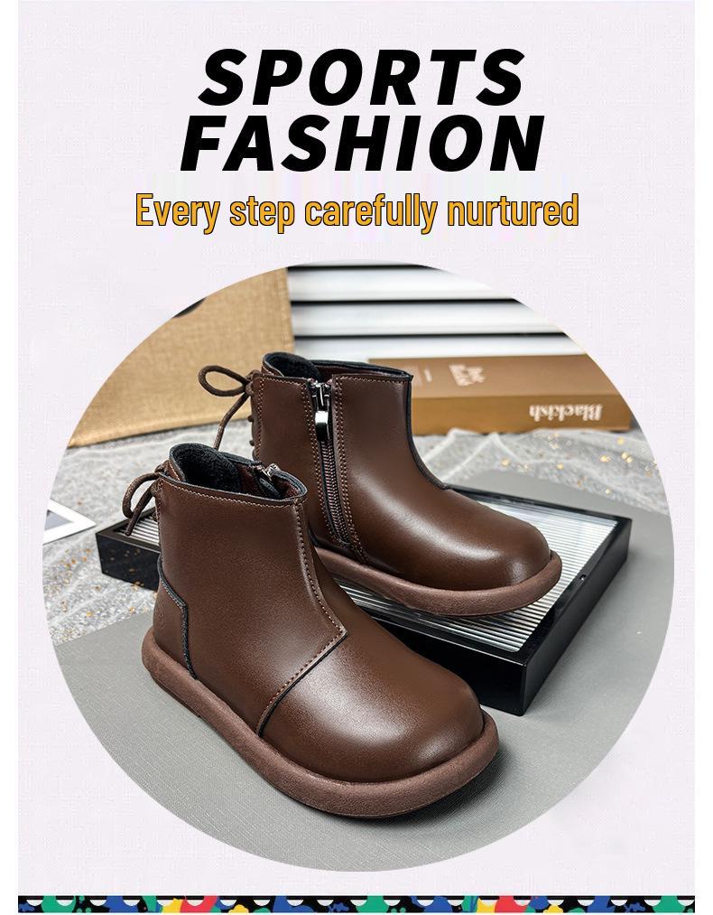 Girls' Black Martin Short Boots with Velvet - 2025 Autumn/Winter Edition Leather Princess Shoes