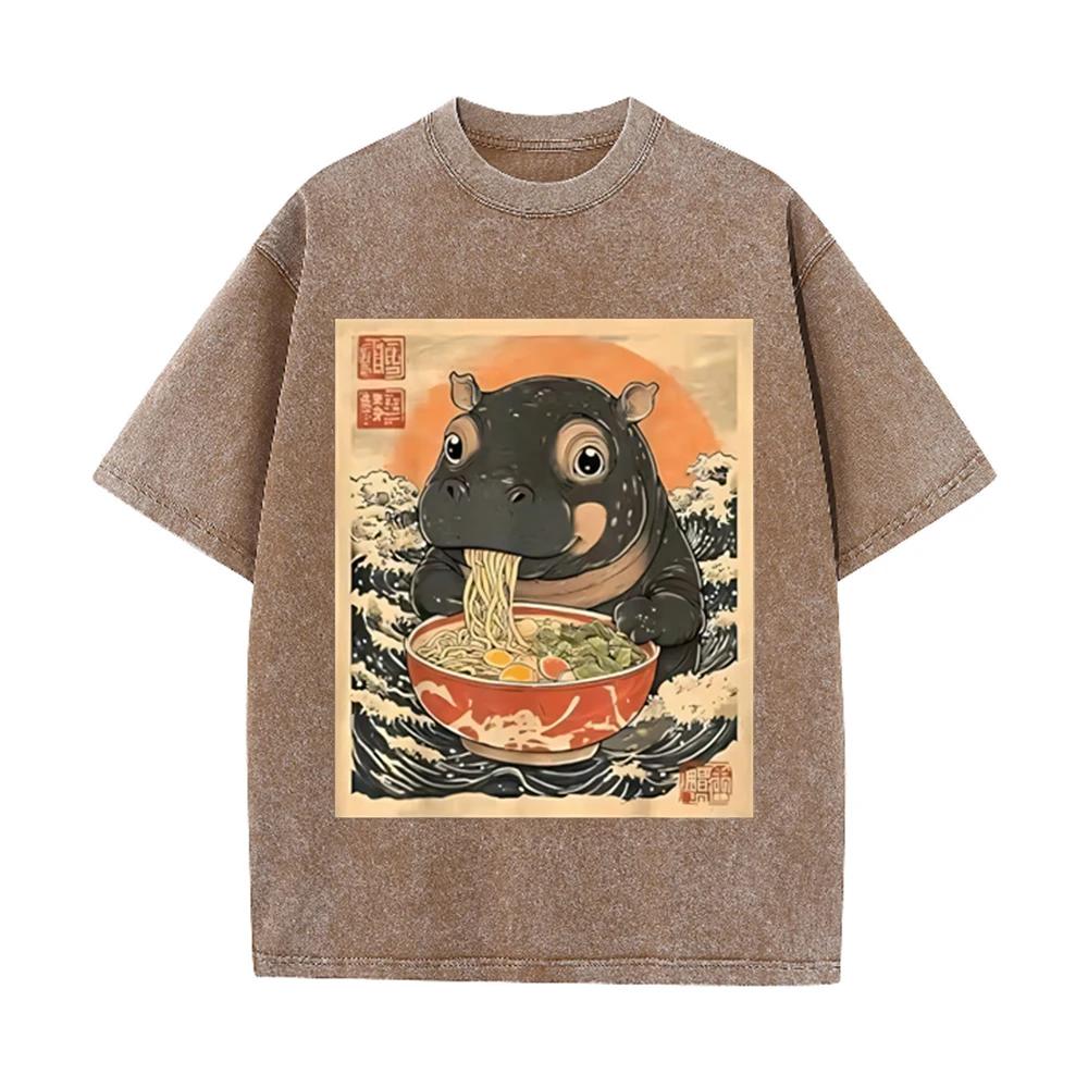 2026 Hippo Eating Ramen Ukiyoe T Shirt Vintage Washed Beige Graphic Tee Unisex Casual Japanese Top