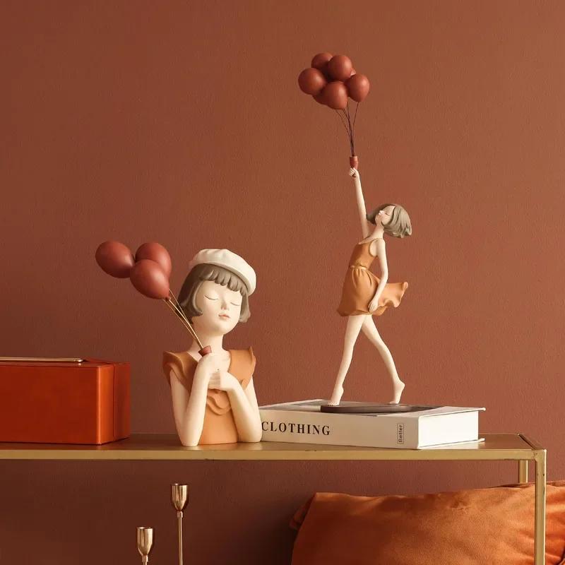Creative Resin Balloon Girl Decoration for Home Figure Sculpture Statue Living Room Bedroom Desktop Ornament Craft Birthday Gift