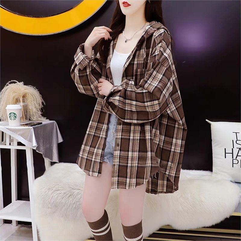 Autunno Cotone Lino Abbottonato con Cappuccio Plaid Blusa Taglia Forte Artistica Camicia a Maniche Lunghe Top per Donna